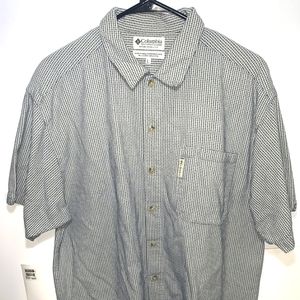 Columbia Mens L Large Button Down Plaid Striped Short Sleeve White Blue Shirt